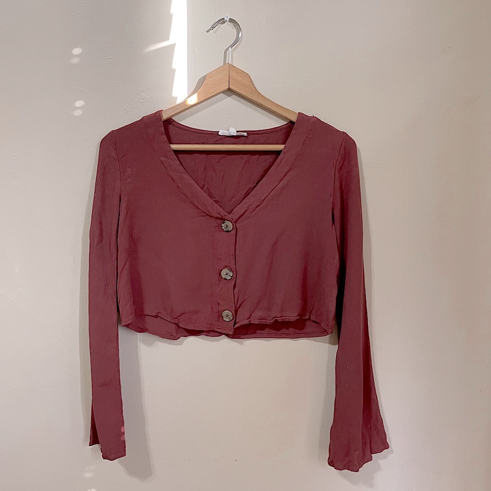 Burnt orange boho button crop top long sleeve